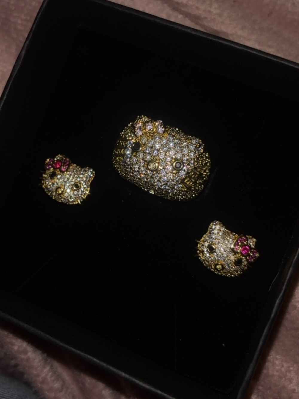 Gold Crystal Hello Kitty Ring and Stud Earring Set -Pink Accents 18k gold plated